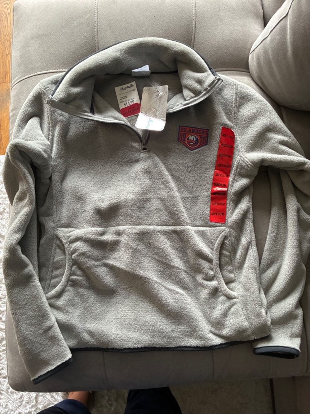 NHL Light Gray Fleece Quarter-Zip Pullover with Islanders Patch